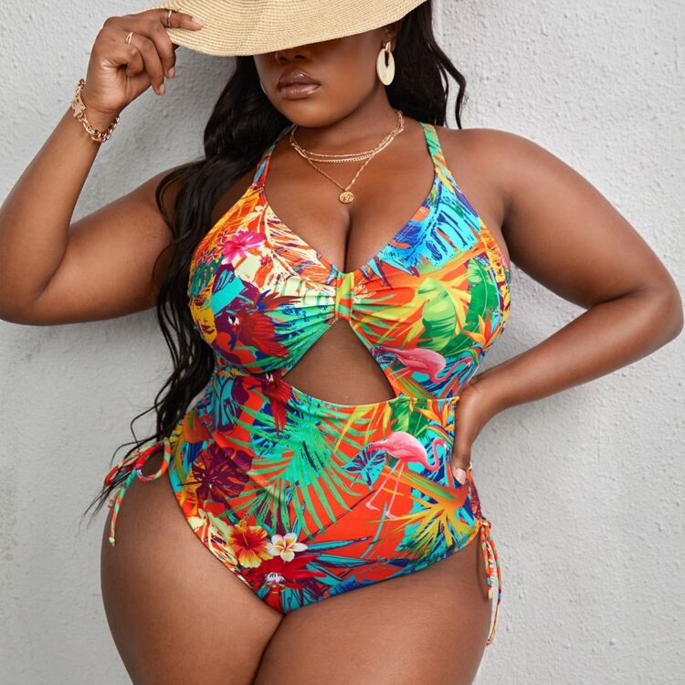 Plus Tropical Print Cut Out Crisscross Tie Back Drawstring One Piece Swimsuit
